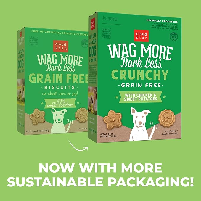 Cloud Star Wag More Bark Less - Dog Treats - Crunchy Biscuits - Grain Free Chicken & Sweet Potato - 14 oz Box