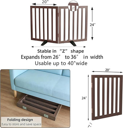 Dog Gate Indoor, Freestanding Dog Fence for The House, Doorways, Hallways,or Stairs,Pet Gate Foldable Wooden,Expandable 24" Height 2 Panels,Brown