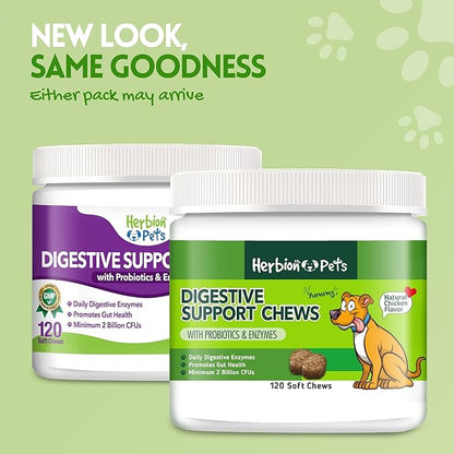 Herbion Pets Digestive Support Chews with Probiotics & Enzymes, 120 Soft Chews, with Daily Digestive Enzymes, for Improved Gut Health, Minimum 2 Billion CFUs, Made in USA for Dogs 12 Weeks+, Pack 1