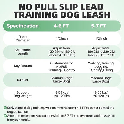 SlowTon Slip Lead for Dogs - Hands Free No Tangle Adjustable 4-6 FT 1/2” Rope, Heavy Duty Nylon Leash for Large Medium Dogs that Pull, No Pull Training Slip Leashes, 20-120lb, Green