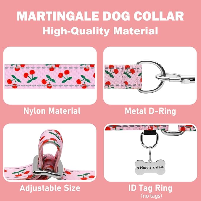 Reflective Martingale Collar for Dogs Nylon Training Collar with No Buckle No Pull Cute Dog Collar for Medium Dogs（Pink Cherry，M）