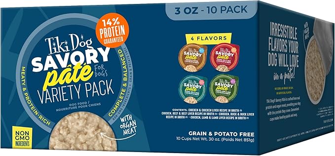 Tiki Dog Savory Pate Wet Dog Food, Variety Pack, 3 oz. Cup (10 Count)
