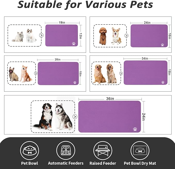 HotLive Dog Food Mat - Absorbent Cat Mat for Food and Water, No Stains Pet Feeding Bowl Mat, Easy to Clean Pet Placemats, Quick Dry Dog Water Dispenser Mat for Messy Drinkers | Paw Purple 16"x 24"