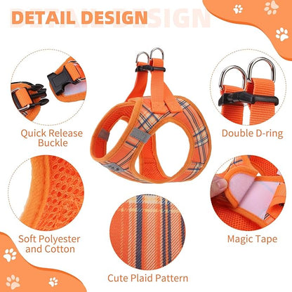 KOOLTAIL Thanksgiving Dog Harness for Small Medium Dogs,Dog Harness and Leash Set, Step in No Pull Soft Mesh Padded Adjustable and Reflective Pet Vest Puppy, Extra Harness for XS S Dogs Orange Plaid S