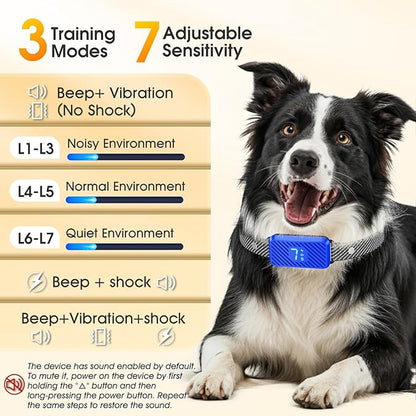 Dog Bark Collar for Large Medium Small Dogs, Effective No-Bark Collar, Smart Barking Collar, Rechargeable Bark Collar with 7 Sensitivity, 3 Modes, Waterproof, SkyBlue
