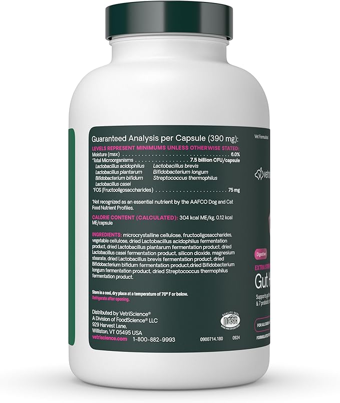 VetriScience Extra Strength Gut Health Probiotic & Prebiotic Digestive Supplements for Dogs & Cats, Gas & Diarrhea & Immune Support, Easy-Open Capsules, 180 Count - New Look