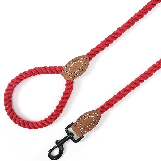 Mile High Life Braided Cotton Rope Dog Leash with Leather Tip - 6 Feet with Heavy Duty Metal Clasp - Wedding Dog Leash (Red, 72 Inches)
