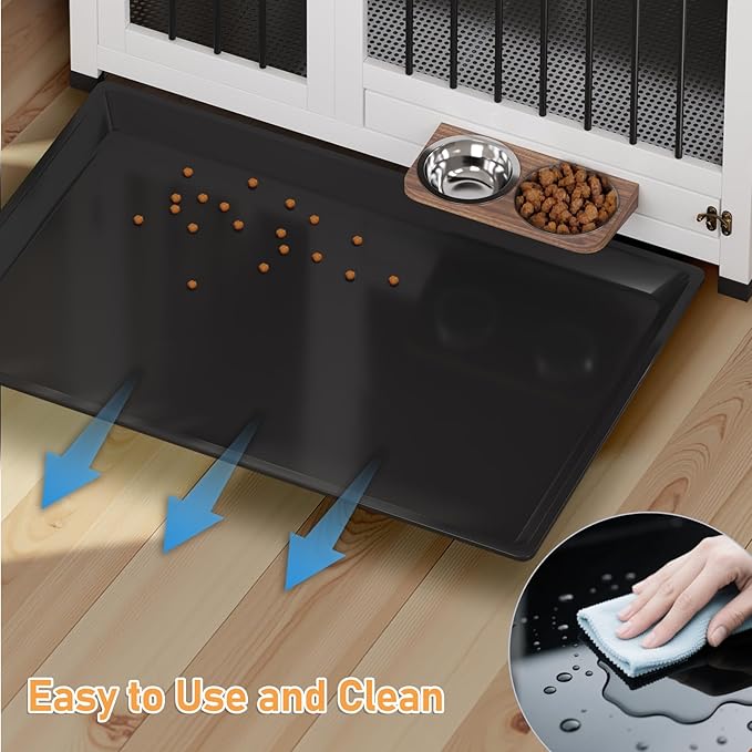 39.4" Dog Crate - Wooden Dog Cage Furniture with Removable Tray & 360° Rotating Feeder | Indoor Sturdy End Table for Medium & Large Dogs | Easy Assembly, White Dog Kennel for Living Room