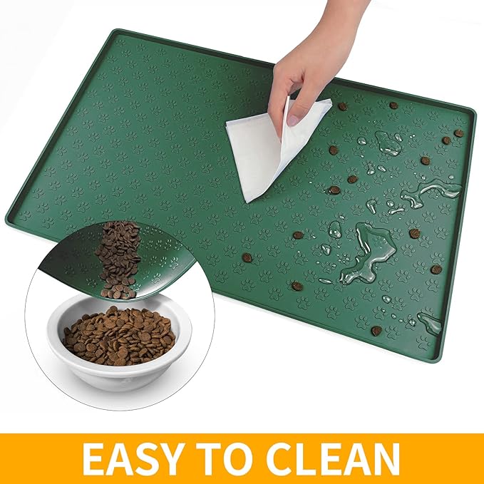 Ptlom Pet Placemat for Dog and Cat, Waterproof Silicone Pet Feeding Bowl Mats for Food and Water, Small Medium Large Dogs Mat Prevent Residues from Spilling to Floor, Hunter Green, 18" 12"