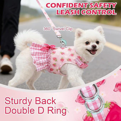 EXPAWLORER Dog Harness Small Medium Sized Dogs, Plaid Dog Dress Bowknot Harness and Leash Set, No Choke No Pull Soft Mesh Vest Cute Princess Puppy Outfits Clothes Costume for Girls Party Cats Pink M