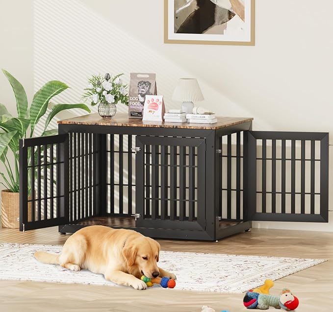 Snuowu 42" Heavy Duty Dog Crate Furniture for Small,Medium and Large Dogs,Rustic Wooden Dog Cage Kennel Indoor Furniture with Waterproof Top,Decorative Pet House Side End Table (Black & Wood)