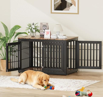 Snuowu 42" Heavy Duty Dog Crate Furniture for Small,Medium and Large Dogs,Rustic Wooden Dog Cage Kennel Indoor Furniture with Waterproof Top,Decorative Pet House Side End Table (Black & Wood)