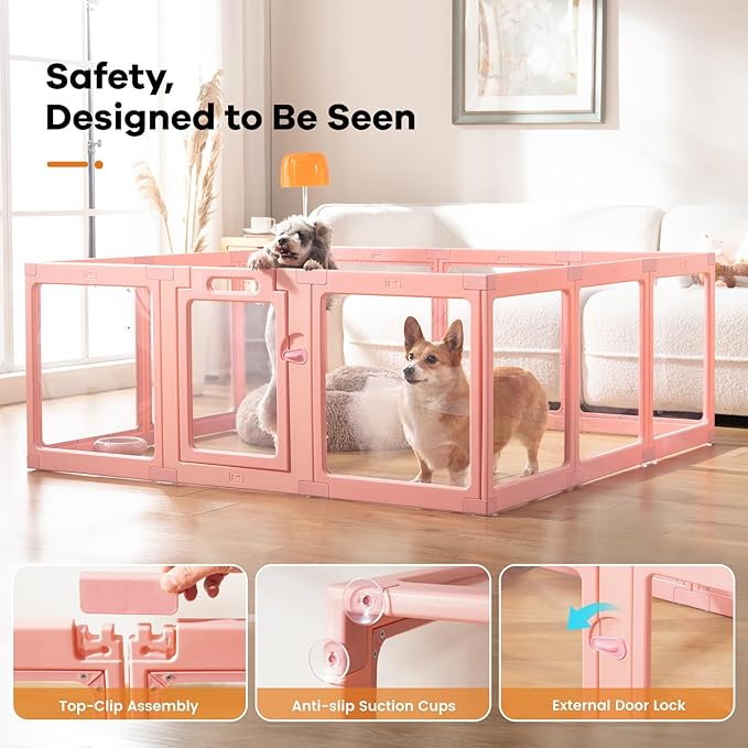 Clear Acrylic Dog Playpen Indoor, Puppy Cat Small Pet Play Pen, Pet Cat Playpen for Rabbits, Dog Fence Crate Kennel Whelping Cage (Pink, 10 Panel)