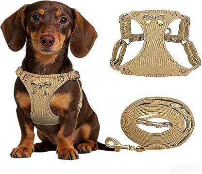 No Pull Dog Harness and Leash Set for Small Sized Dog Training; Puppy Harnesses with Multifunction Dog Leash, Soft Adjustable Denim No Choke Escape Proof Pet Harness for Small and Medium Dog (Brown S)
