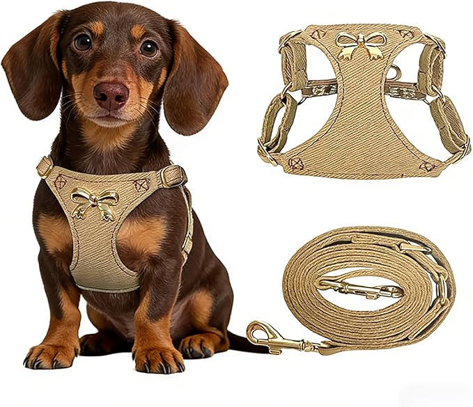 No Pull Dog Harness and Leash Set for Small Sized Dog Training Puppy Harnesses with Multifunction Dog Leash Soft Adjustable Denim No Choke Escape Proof Pet Harness for Small and Medium Dog (Brown XXS)