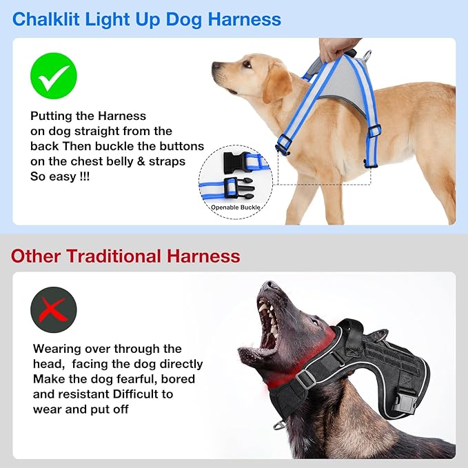 ChalkLit Light Up Dog Harness, No Pull Led Dog Harness Glow-in-The-Dark for Night Walking, USB Rechargeable Lighted Safety Vest for Medium Large Dogs, Adjustable Soft Mesh Fully Illuminated (Blue, M)