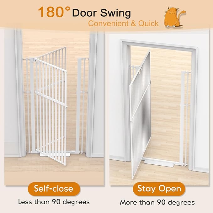 Senneny 63' Extra Tall Cat Gate Auto Close & One-Hand Open, Includes Extension Kits, No Drilling Pressure Mounted and Wall Mounted Kits, Metal Pet Gate Fits Openings 45.2' to 49.2' Wide, White