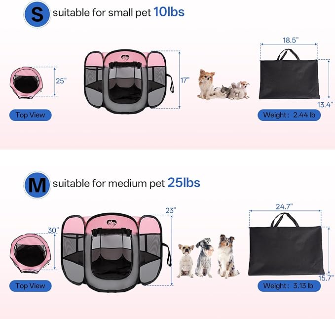 Dog Cat Playpen,Portable Foldable Tent- Pet Outdoor Exercise Crate Cage for Medium Dogs,Travel Camping Use for Small Animals with Carrying Case,Indoor Kennel for Sleeping(Pink,M)