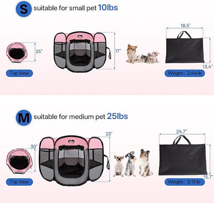 Dog Cat Playpen,Portable Foldable Tent- Pet Outdoor Exercise Crate Cage for Medium Dogs,Travel Camping Use for Small Animals with Carrying Case,Indoor Kennel for Sleeping(Pink,M)