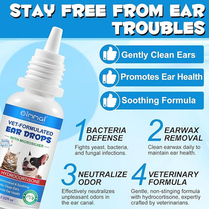 VOSIFSDIY Dog Cat Ear Infection Treatment Drops, Pets Ear Cleaning Drops with 1% Hydrocortisone for Dog & Cats Yeast Infection, Itchy Ear Relief, Pet Ear Care Supplies for Dogs & Cats -2fl oz(2PCS)
