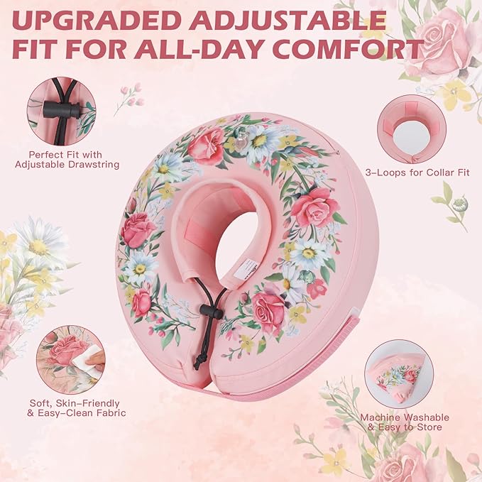 IEUUMLER Inflatable Recovery Dog Cone Collar, Neck Donut Protective ECollar, Adjustable Soft Collar for Dog and Cat After Surgery Prevent from Biting & Licking EU020 Floral Wreath XL
