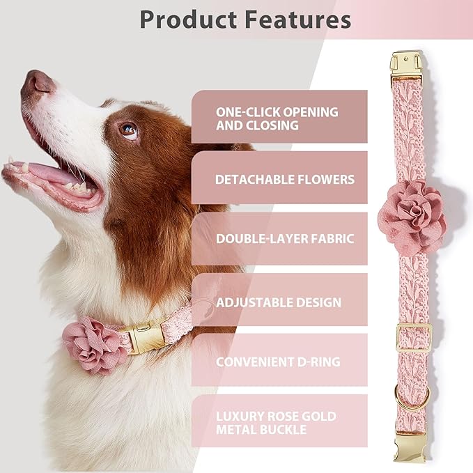 Pink Dog Collar and Leash for Medium Dogs Girls Adjustable Rose Gold Metal Buckle & Durable Padded Handle for Pet Wedding Party,M