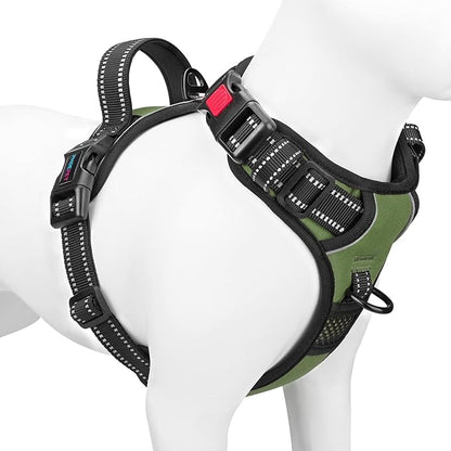 PHOEPET No Pull Dog Harness with Handle Front & Back Clip, Easy on Lockable Snap Buckle at Neck, Adjustable Reflective Vest with Handle for Small Medium Large Dogs (L, Misty Green)