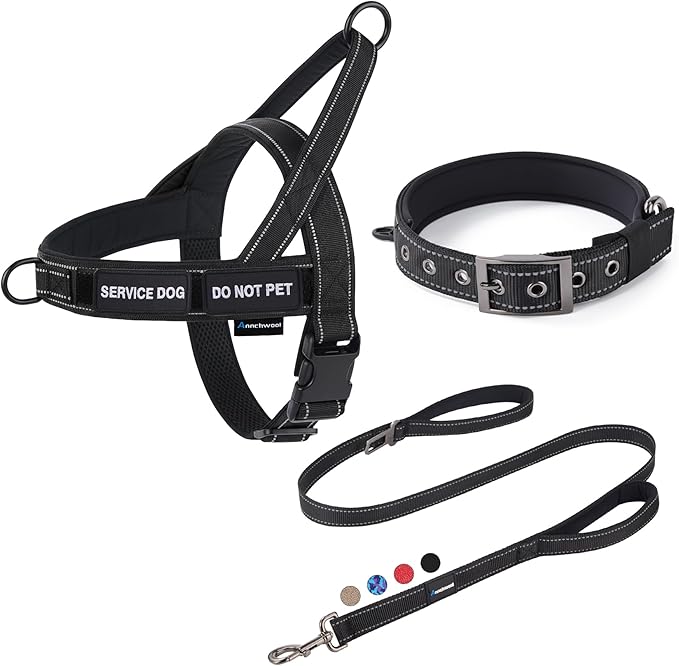 Annchwool No Pull Dog Harness,Heavy Duty Reflective Collar & Leash Set-Dog Leash with Double Handle & Car Seatbelt Clip-Easy Control for Walking Training Medium Large Size Dogs(Black,S)