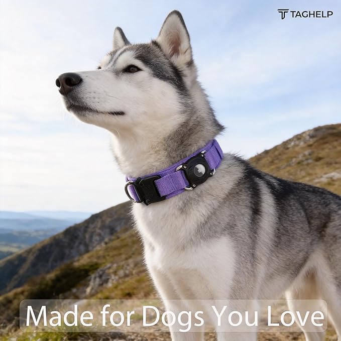 Waterproof AirTag 2nd 2026 & AirTags 1st 2021 Dog Collar - Tactical Military Collar with Secure Hard PC Holder & Comfort Handle for Medium Large Dogs,Smart ID tag (Purple, L)