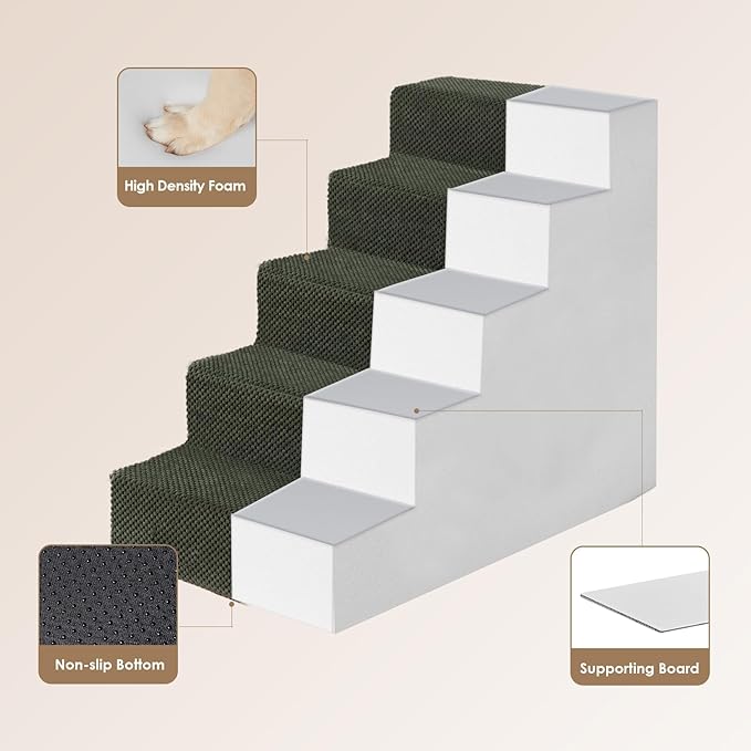 EHEYCIGA Dog Stairs for Bed 25" H, 5-Step Extra Wide Dog Steps for High Bed, Pet Steps for Small Dogs and Cats, Non-Slip Balanced Pet Ramp Indoor, Military Green