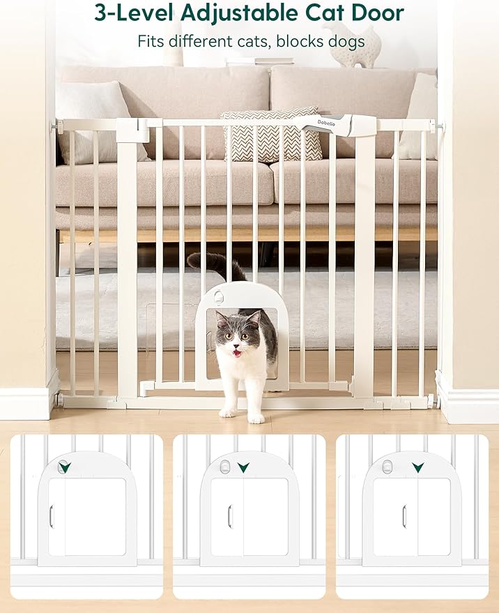 Babelio Baby Gate with Cat Door, CatPrivilege Ⅲ, Extra Wide 29-55" Cat Gate, 30" Tall Pressure Mounted Safety Gate for Large Openings, Stairs & Doorways, Auto Close, White