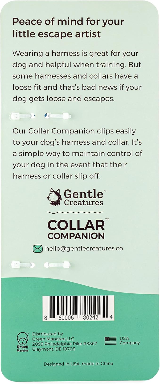 Gentle Creatures Collar Companion - Reinforced, Waterproof Poly Backup Clip for Dog Harness, Prong, Pinch Collars, Gentle Lead - Double Ended Swivel Clips - Harness to Collar Safety Clip, Clasp