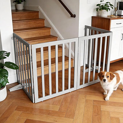 ZJSF Freestanding Indoor Dog Gate for House Foldable Wood Puppy Gate for Doorways Pet Gate for Stairs Extra Wide Pet Fence, Grey, 24" Height 6 Panels