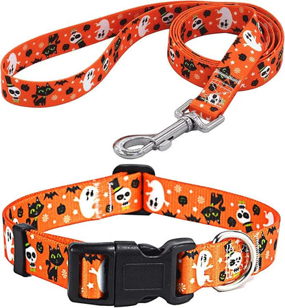 Mihqy Halloween Dog Collar and Leash Set - Pumpkin Bat Ghost Pattern - Adjustable for Small Medium Large Dogs(Halloween Set,L)