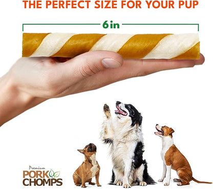 Pork Chomps Baked Pork Skin Dog Chews, 6 Inch Twists, 4 Count - Peanut Butter Wrap - Long-Lasting Treats for Dogs - High Protein, Rawhide-Free, Low Fat, Healthy & Delicious Chews