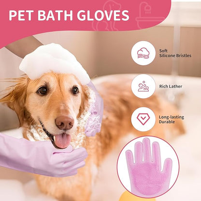 Dog Bath Supplies, Bath Grooming Kit with Storage Bag - Self Cleaning Slicker Brush, Shampoo Brush & Scrubber, Dog Grooming Gloves for Short & Long Haired Dogs & Cats (6 PCS)