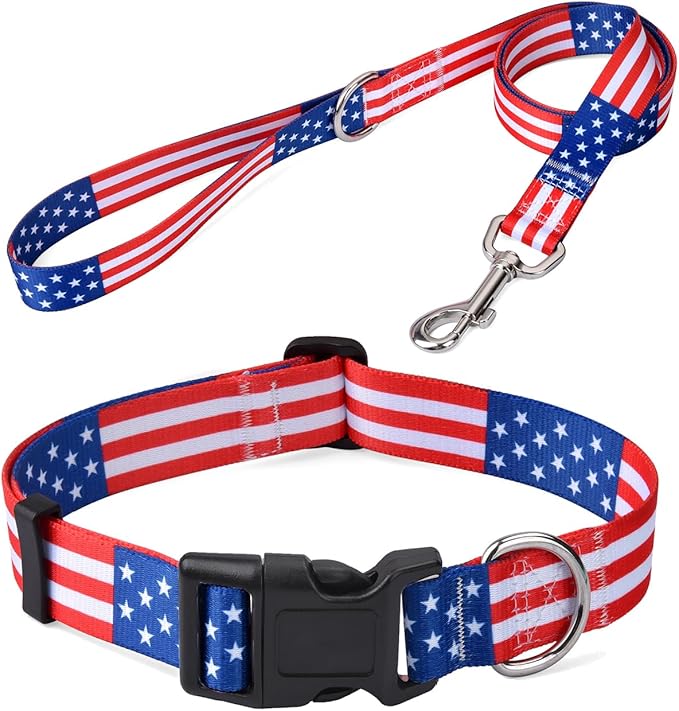 Mihqy American Flag Dog Collar and Leash Set- Patriotic, US Flag Pattern, Star & Stripes, Fourth of July Dog Collar, Adjustable for Small Medium Large Dogs(Classic US Set,L)