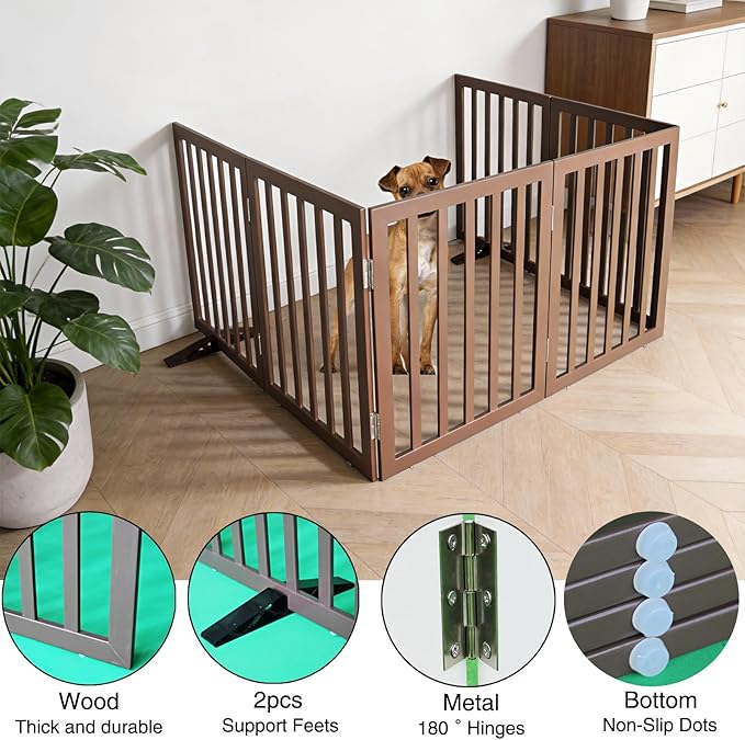 Dog Gate Indoor, Freestanding Dog Fence for The House, Doorways, Hallways,or Stairs,Pet Gate Foldable Wooden,Expandable 24" Height 6 Panels,Brown