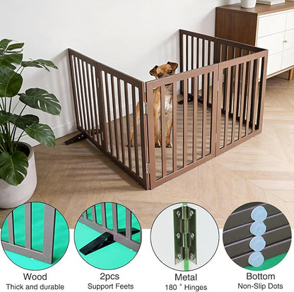 Dog Gate Indoor, Freestanding Dog Fence for The House, Doorways, Hallways,or Stairs,Pet Gate Foldable Wooden,Expandable 24" Height 6 Panels,Brown