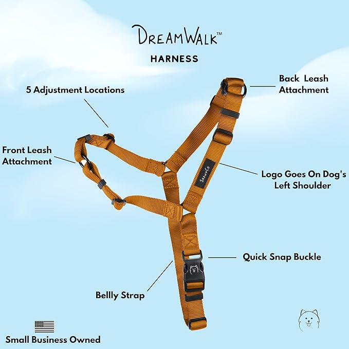 ShawnCo Dream Walk No-Pull Dog Harness- Adjustable, Comfortable, Easy to Use Pet Halter to Help Stop Pulling for Small, Medium and Large Dogs (Sunset Orange, S)