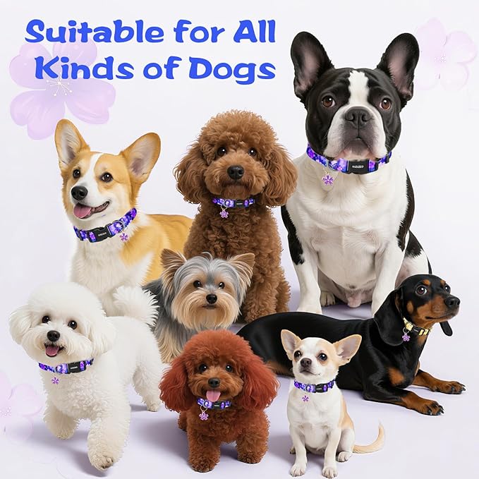 Kazazoo Dog Collar Cute and Soft Nylon Puppy Collar Girl, Adjustable Dog Collars for Small Medium Dogs, Purple Flowers-M