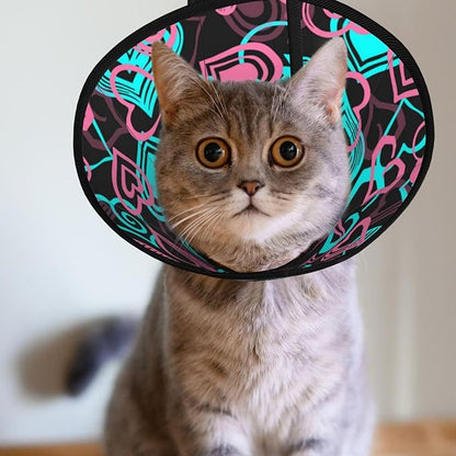 Soft Cat Recovery Collar Abstract Love Hearts Pattern, Adjustable Cat Cone Collar After Surgery, Protective Elizabethan Collar for Kittens and Small Dogs