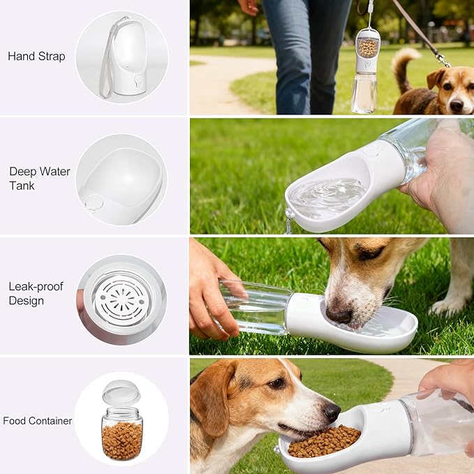 Dog Water Bottle, Portable Water Bottle with Food Container for Dogs Cat Pet Hiking Walking Travel Camping, Leak-Proof Dog Water Bowl Dispenser with Feeder Function Puppy Essentials (11.5oz White)