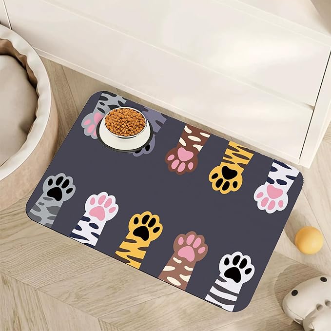 Cute Cat Paw Print Dog Food Mat for Floors,Absorbent Pet Food and Water Bowl Mats,Non-Slip Pet Feeding Mat,Pet Supplies 16" x 24"