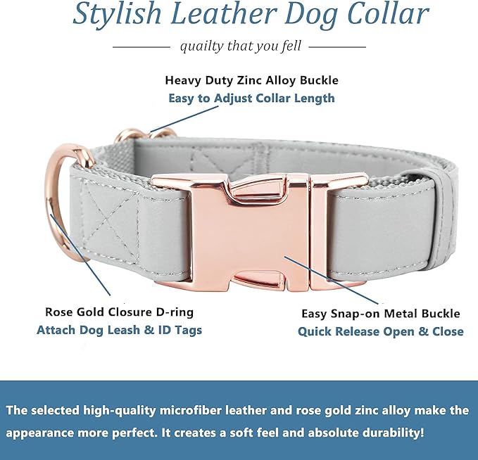 Dog Collar and Leash Set.Soft and Easy to Clean Vegan Leather with Rose Gold Metal Buckle for Small Medium Large Dogs (Grey, M(13.8"-19.7"))