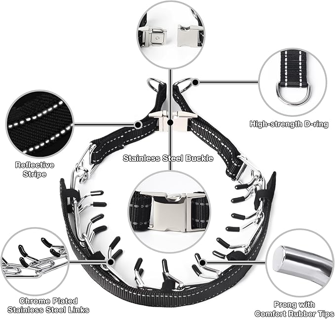 Prong Collar for Large Dogs with Reflective Nylon Cover, Dog Pinch Collar,Dog Training Collar,High Strength Quick Release Metal Buckle,Comfort Rubber Tips (Black，4.0mm, 23.6-Inch)