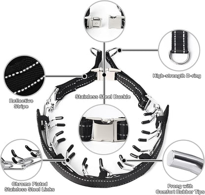 Prong Collar for Large Dogs with Reflective Nylon Cover, Dog Pinch Collar,Dog Training Collar,High Strength Quick Release Metal Buckle,Comfort Rubber Tips (Black，4.0mm, 23.6-Inch)