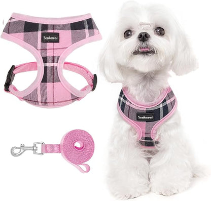 SCENEREAL Puppy Dog Harness with Leash Set for Small Medium Sized Dogs, Soft Mesh Pet Harnesses and Leash, No Chock Plaid Adjustable No Pull Vest for Dogs Cats, Chihuahua,Bulldog (Pink S)