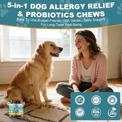 Dog Allergy Chews, Allergy Immune Bites for Dogs, Itching Skin Relief, Itchy Ears, Anti Itch, Paw Licking Treatment, Seasonal Allergies, Dog Probiotics for Digestive Health & Gut Health, 180 Chews