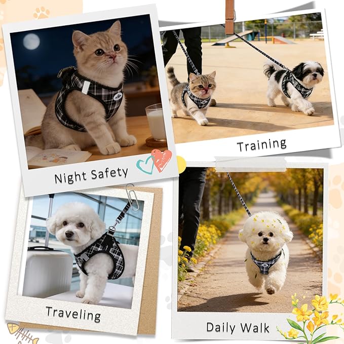 Gyuzh Small Cat Harness and Leash Set for Kitten & Puppy - 3-in-1 No Pull Step in Vest Collar, Lightweight Tactical Reflective Plaid, Padded Handle (Black, XS)
